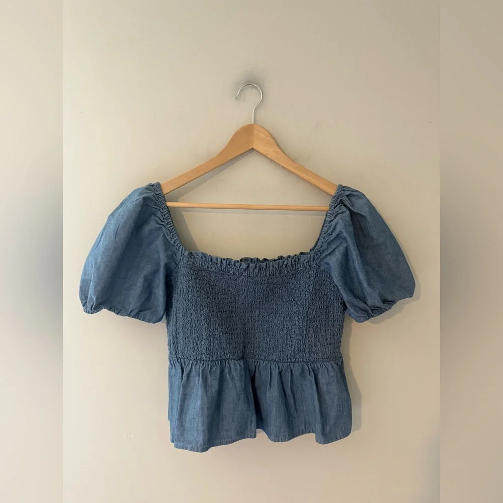J. Crew‎ Square Neck Smocked Chambray Short Puff Sleeve Top in Blue Denim Peplum